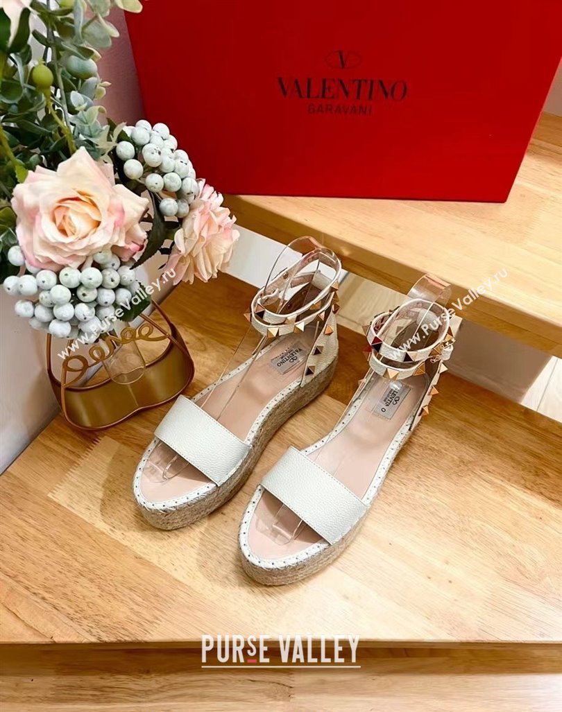 Valentino Rockstud Grainy Calfskin Platform Espadrille Sandals White 2024 0725 (HB-240725019)