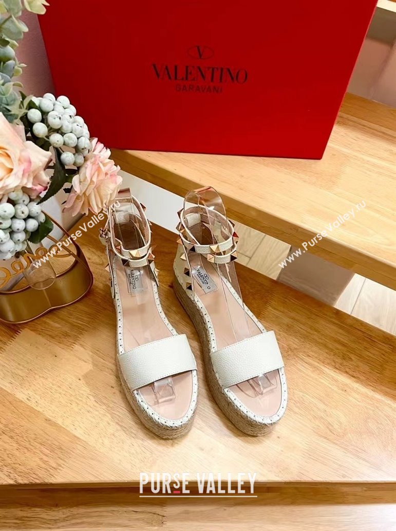 Valentino Rockstud Grainy Calfskin Platform Espadrille Sandals White 2024 0725 (HB-240725019)