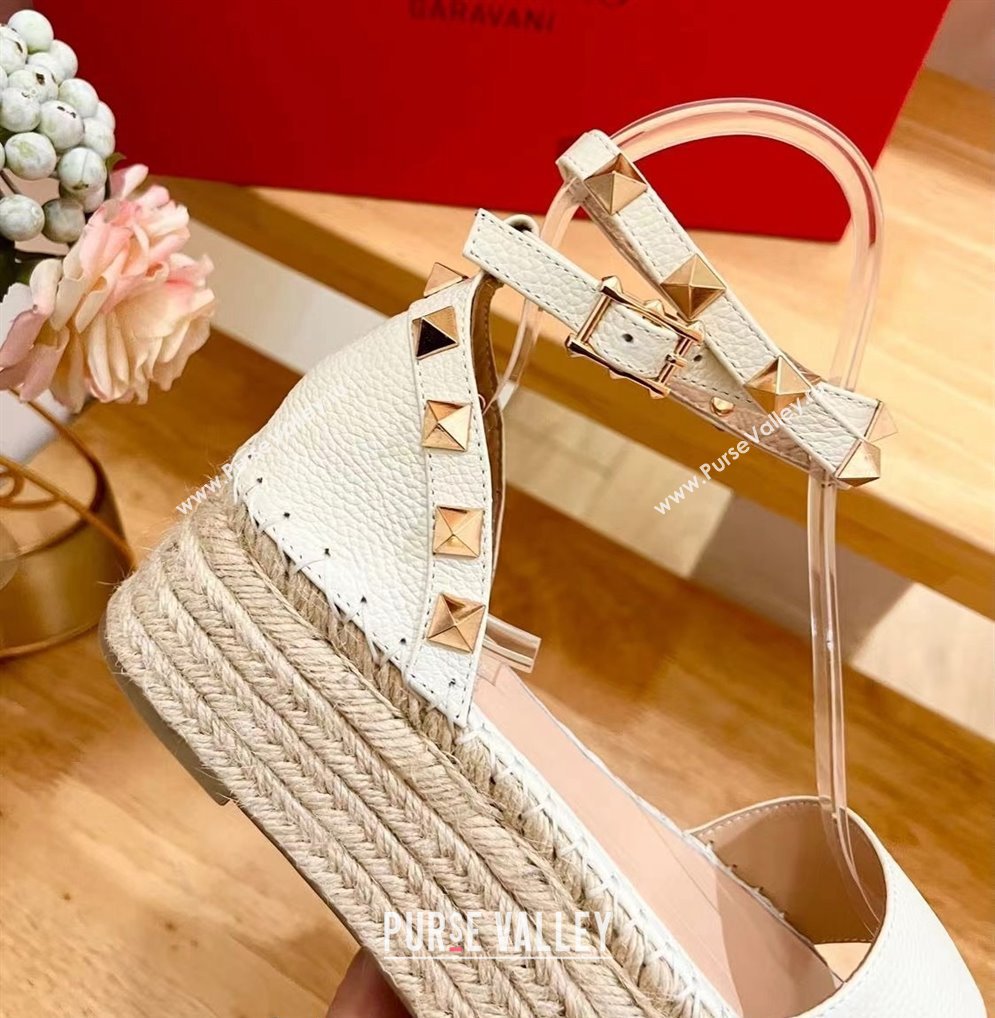 Valentino Rockstud Grainy Calfskin Platform Espadrille Sandals White 2024 0725 (HB-240725019)