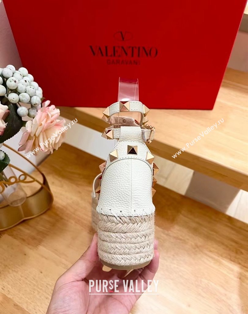 Valentino Rockstud Grainy Calfskin Platform Espadrille Sandals White 2024 0725 (HB-240725019)