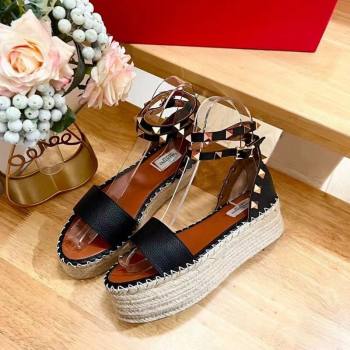 Valentino Rockstud Grainy Calfskin Platform Espadrille Sandals Black 2024 0725 (HB-240725020)