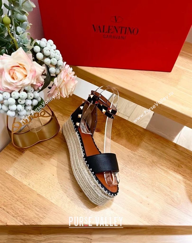 Valentino Rockstud Grainy Calfskin Platform Espadrille Sandals Black 2024 0725 (HB-240725020)