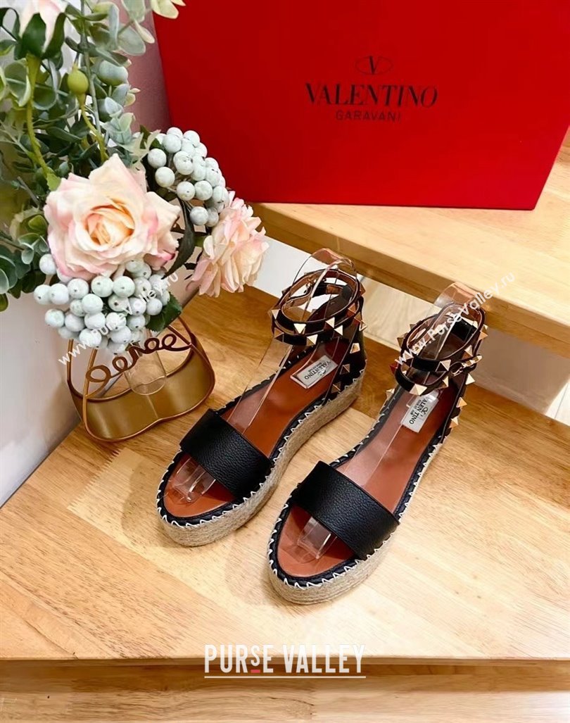 Valentino Rockstud Grainy Calfskin Platform Espadrille Sandals Black 2024 0725 (HB-240725020)