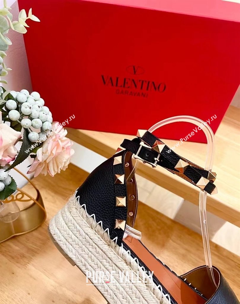 Valentino Rockstud Grainy Calfskin Platform Espadrille Sandals Black 2024 0725 (HB-240725020)