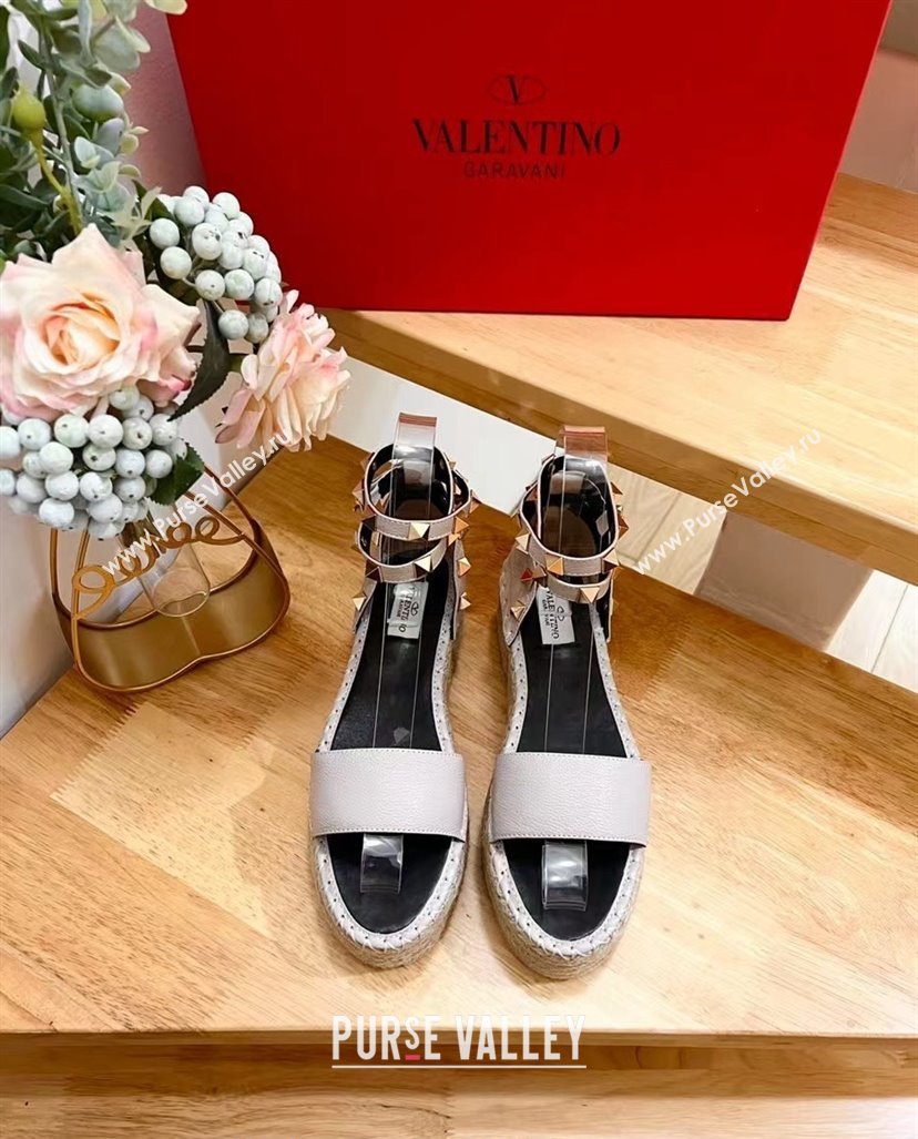 Valentino Rockstud Grainy Calfskin Platform Espadrille Sandals Powder Pink 2024 0725 (HB-240725021)