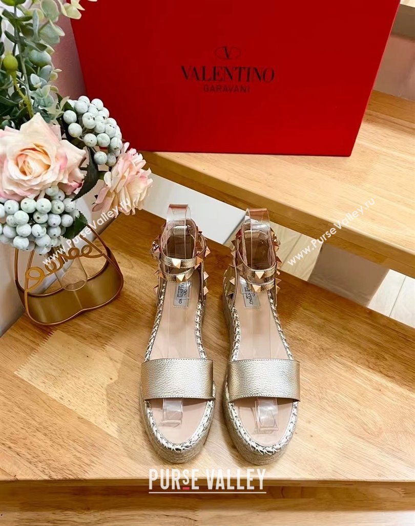 Valentino Rockstud Grainy Calfskin Platform Espadrille Sandals Gold 2024 0725 (HB-240725022)