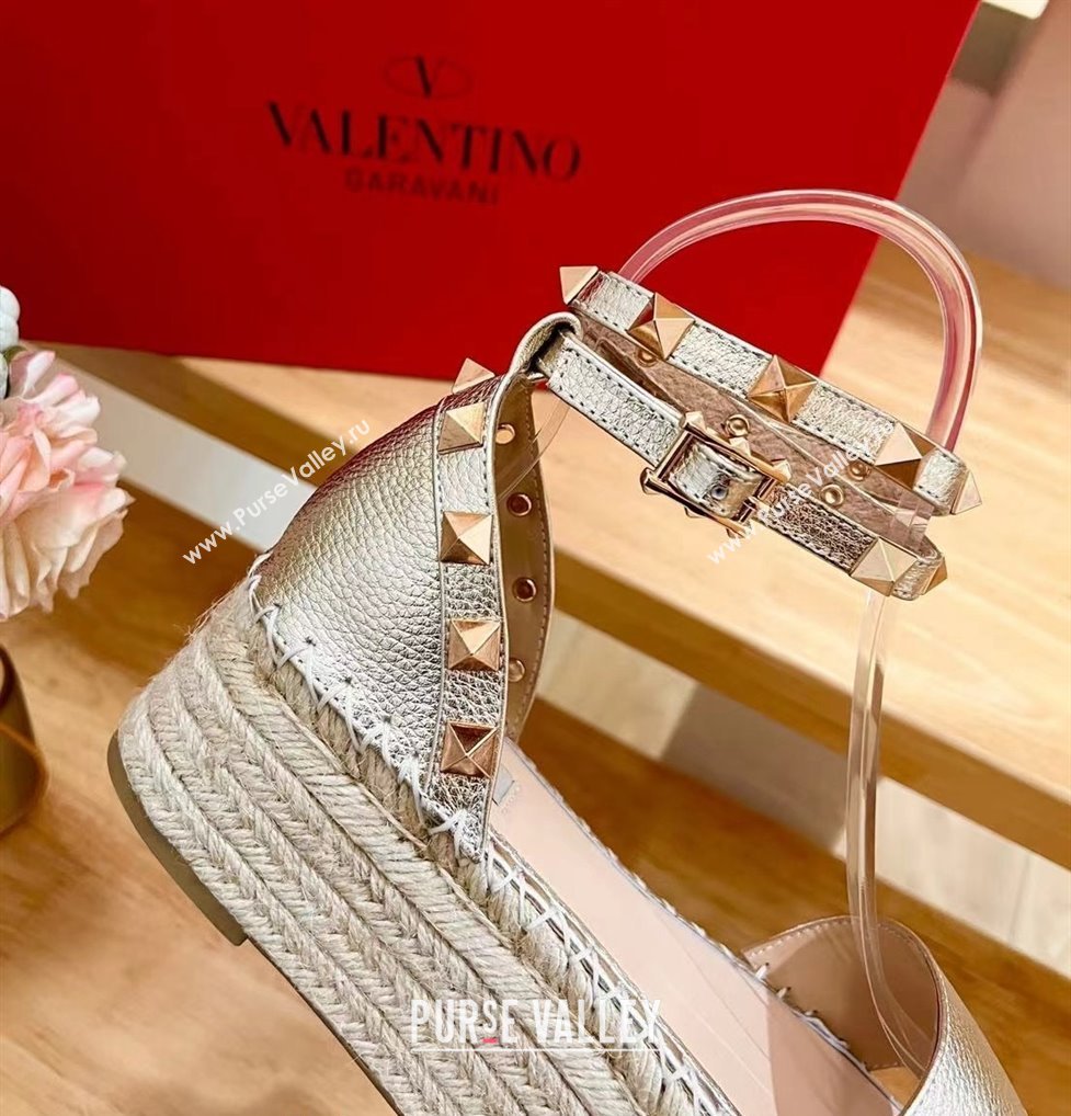 Valentino Rockstud Grainy Calfskin Platform Espadrille Sandals Gold 2024 0725 (HB-240725022)