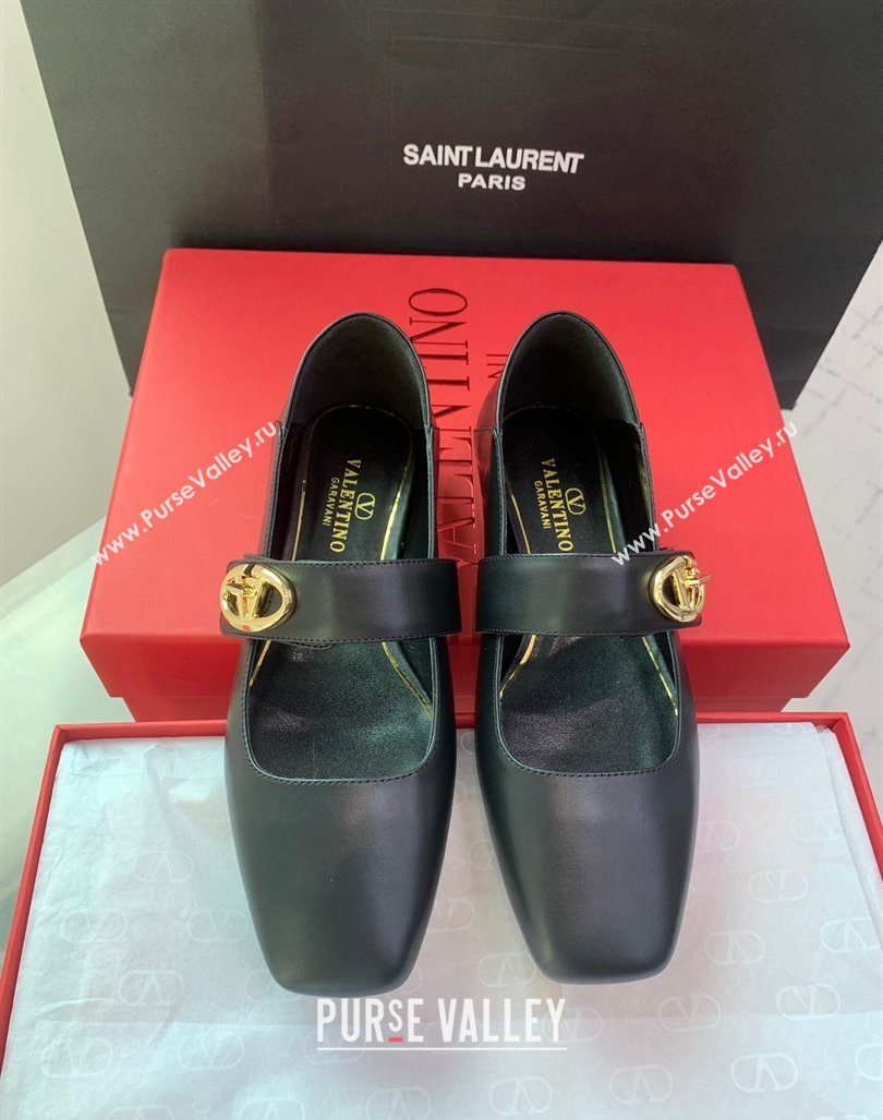 Valentino VLogo Locker Mary-Janes Calfskin Ballerinas Flat Black 2024 0725 (KER-240725023)