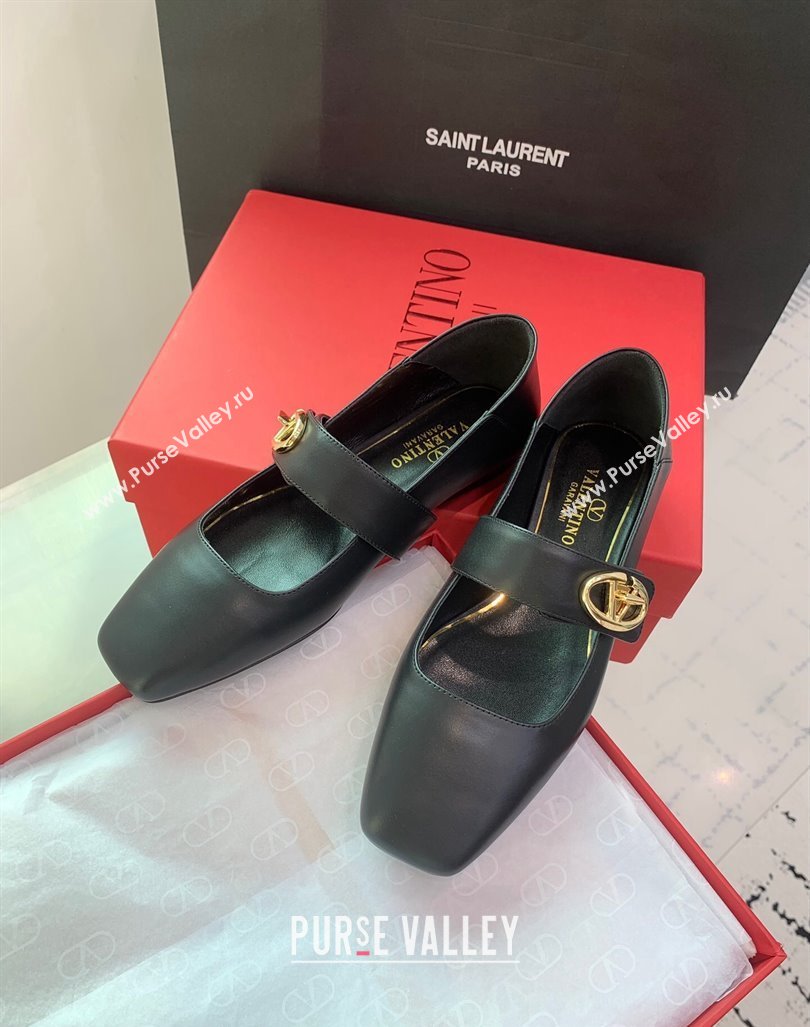 Valentino VLogo Locker Mary-Janes Calfskin Ballerinas Flat Black 2024 0725 (KER-240725023)