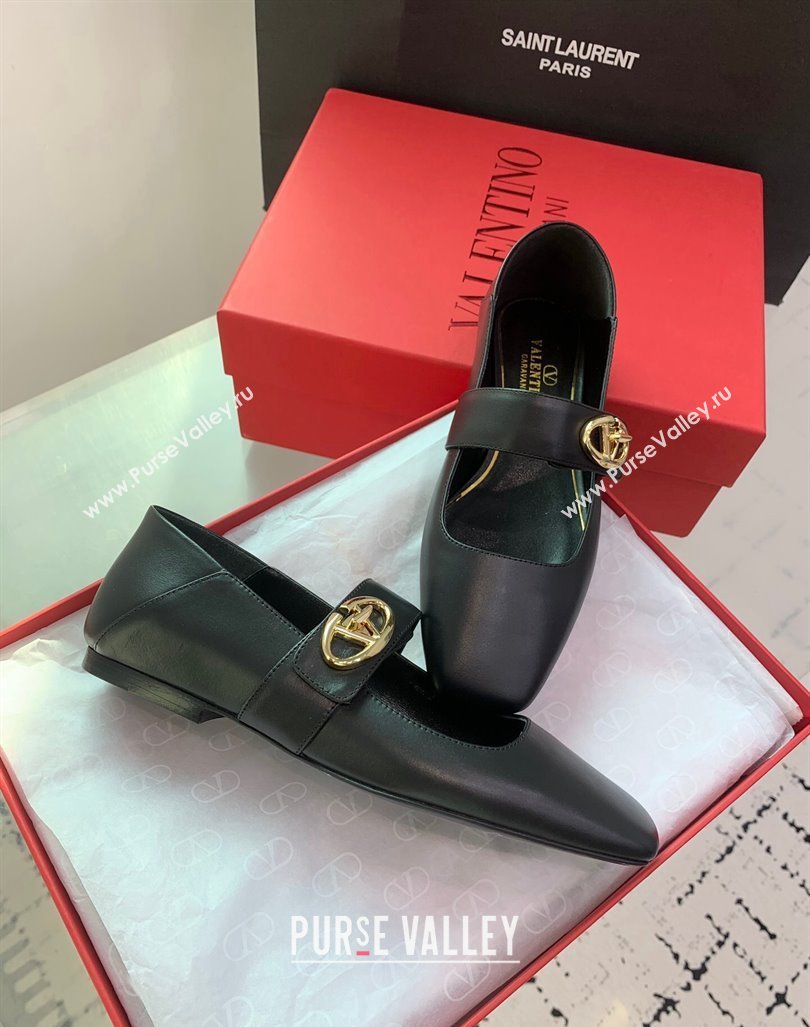 Valentino VLogo Locker Mary-Janes Calfskin Ballerinas Flat Black 2024 0725 (KER-240725023)