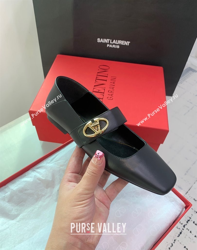 Valentino VLogo Locker Mary-Janes Calfskin Ballerinas Flat Black 2024 0725 (KER-240725023)