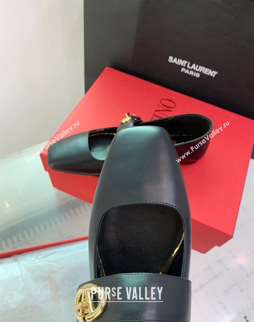 Valentino VLogo Locker Mary-Janes Calfskin Ballerinas Flat Black 2024 0725 (KER-240725023)