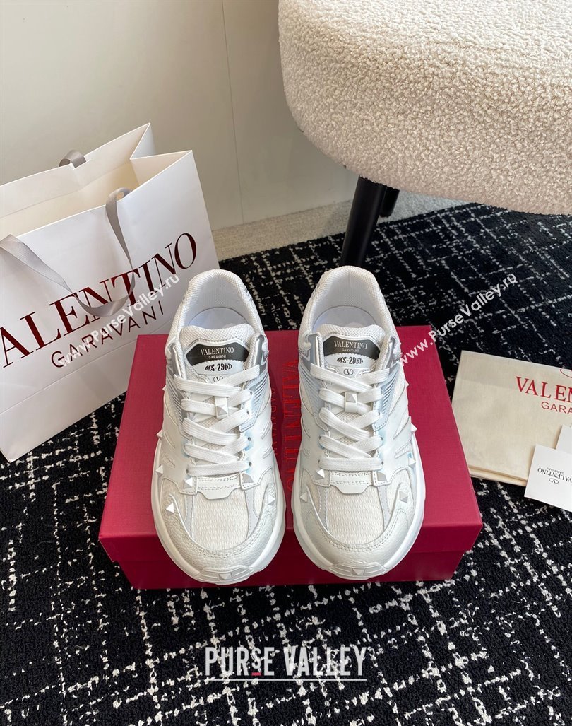 Valentino Mens Rockstud True Act Sneakers in Knit Mesh White/Grey 2024 0812 (KL-240812128)