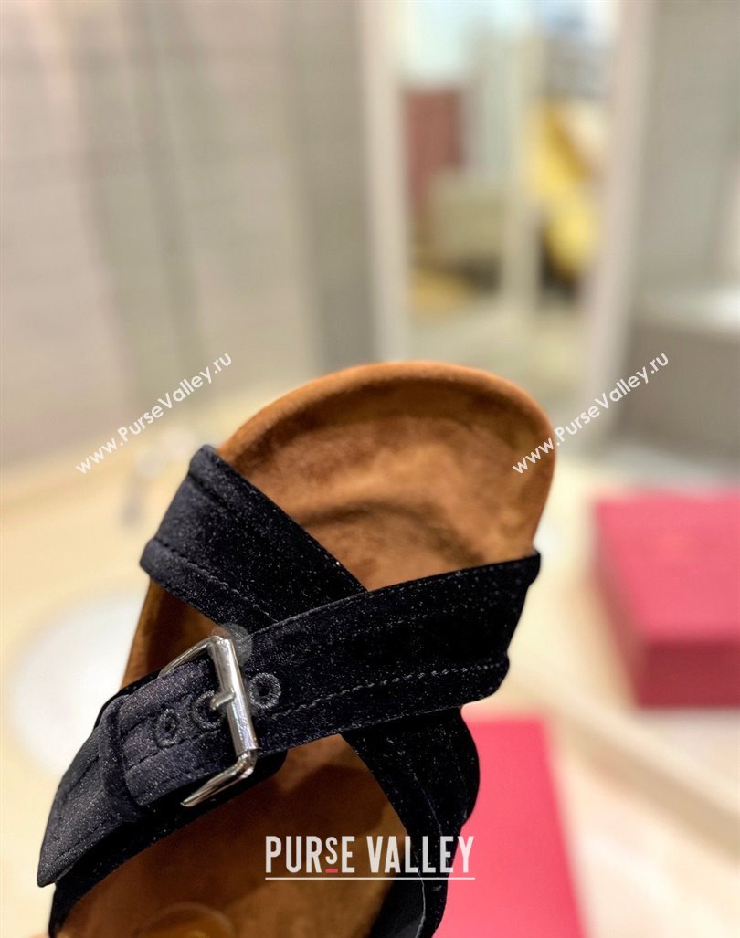 Valentino Fussfriend Velvet Flat Slides Sandal with Buckle Strap Black 2024 (KL-240812141)