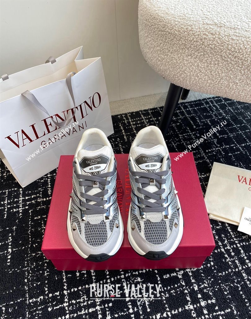 Valentino Mens Rockstud True Act Sneakers in Knit Mesh Dark Grey 2024 0812 (KL-240812129)