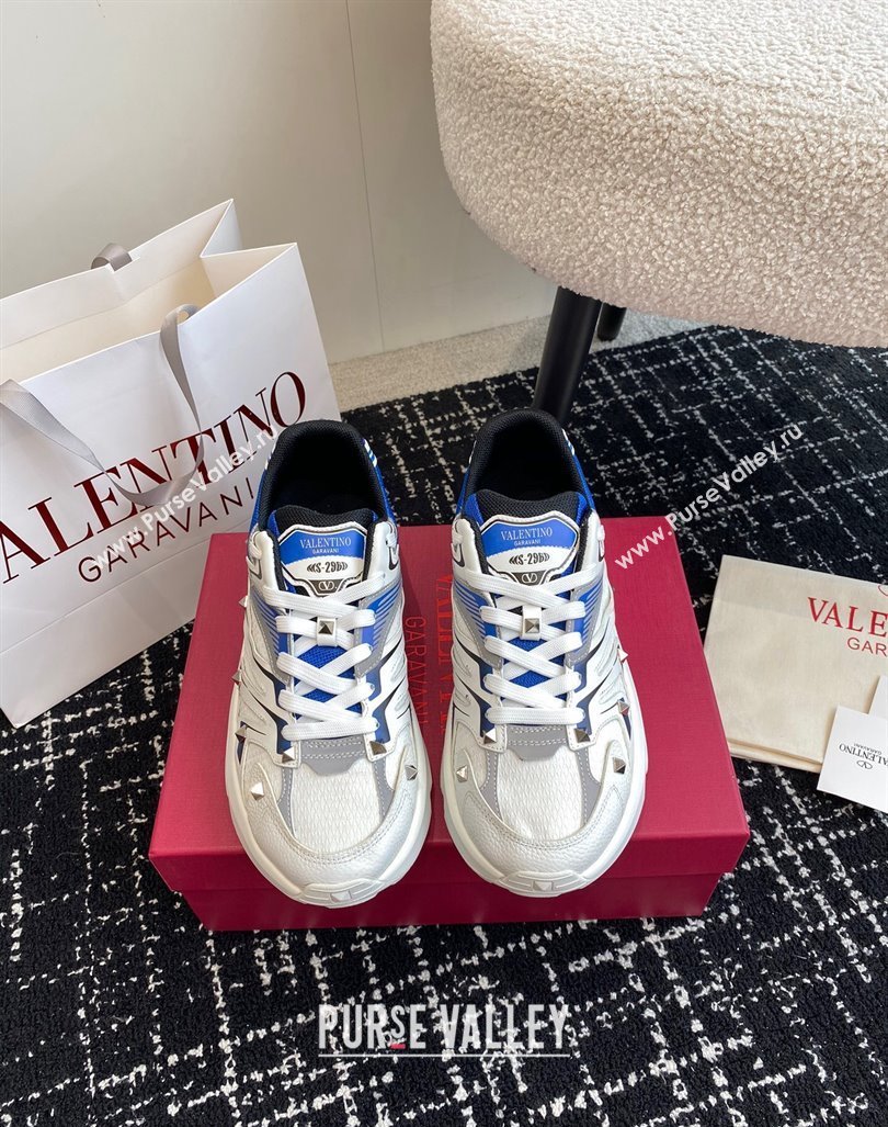 Valentino Mens Rockstud True Act Sneakers in Knit Mesh White/Blue 2024 0812 (KL-240812127)