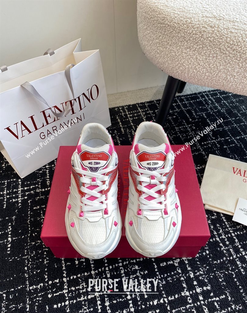 Valentino Mens Rockstud True Act Sneakers in Knit Mesh White/Pink 2024 0812 (KL-240812130)