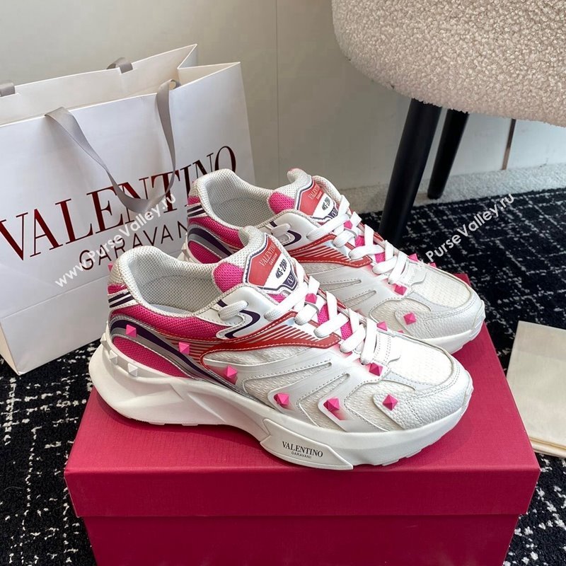 Valentino Mens Rockstud True Act Sneakers in Knit Mesh White/Pink 2024 0812 (KL-240812130)