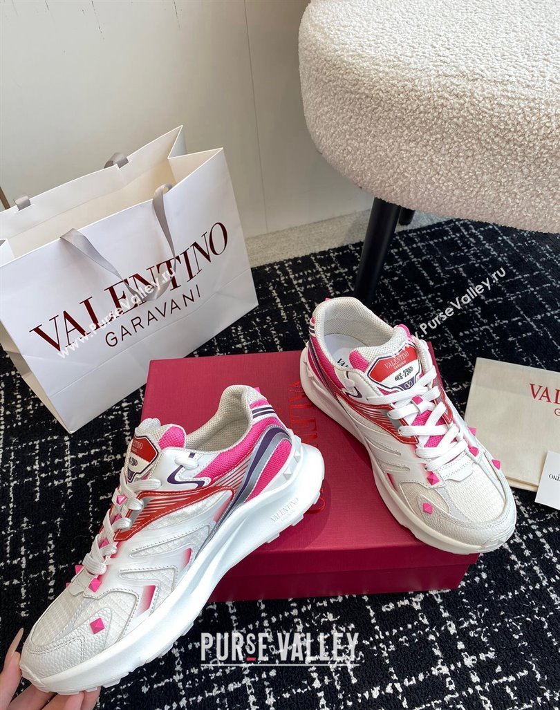 Valentino Mens Rockstud True Act Sneakers in Knit Mesh White/Pink 2024 0812 (KL-240812130)