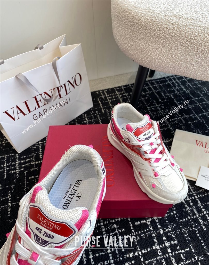 Valentino Mens Rockstud True Act Sneakers in Knit Mesh White/Pink 2024 0812 (KL-240812130)