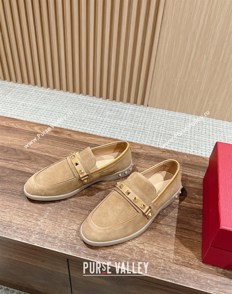 Valentino Leisure Flows Rockstud Loafers in Suede Camel Brown 2024 0812 (KL-240812133)