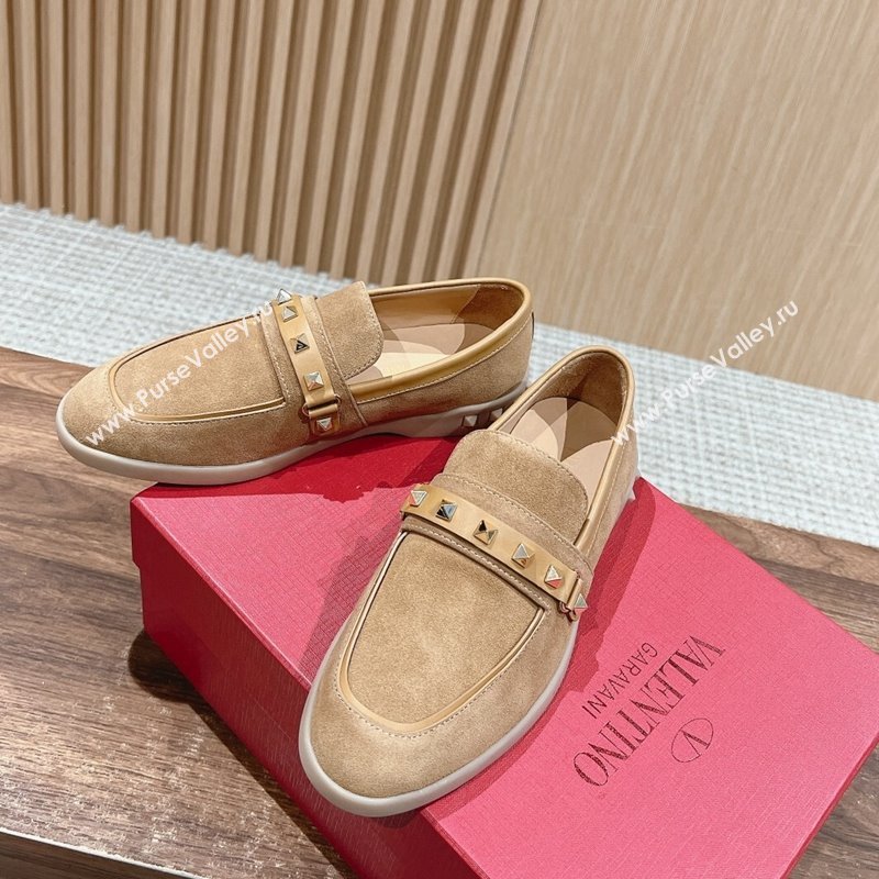 Valentino Leisure Flows Rockstud Loafers in Suede Camel Brown 2024 0812 (KL-240812133)