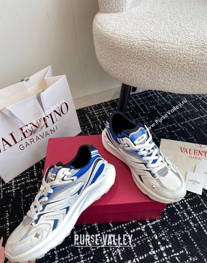 Valentino Mens Rockstud True Act Sneakers in Knit Mesh White/Blue 2024 0812 (KL-240812127)