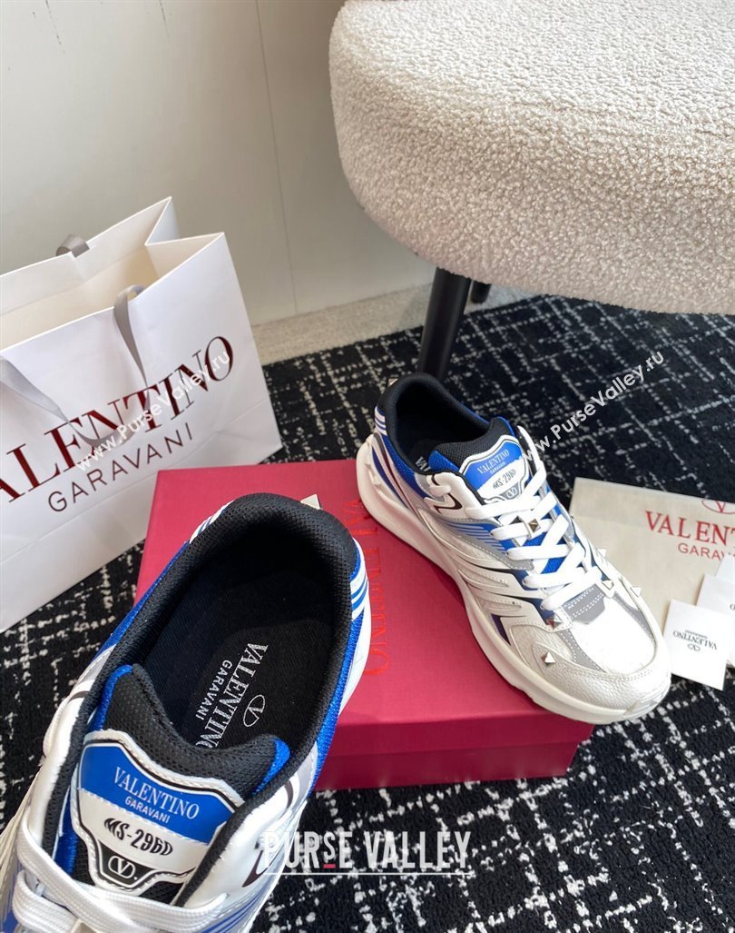 Valentino Mens Rockstud True Act Sneakers in Knit Mesh White/Blue 2024 0812 (KL-240812127)