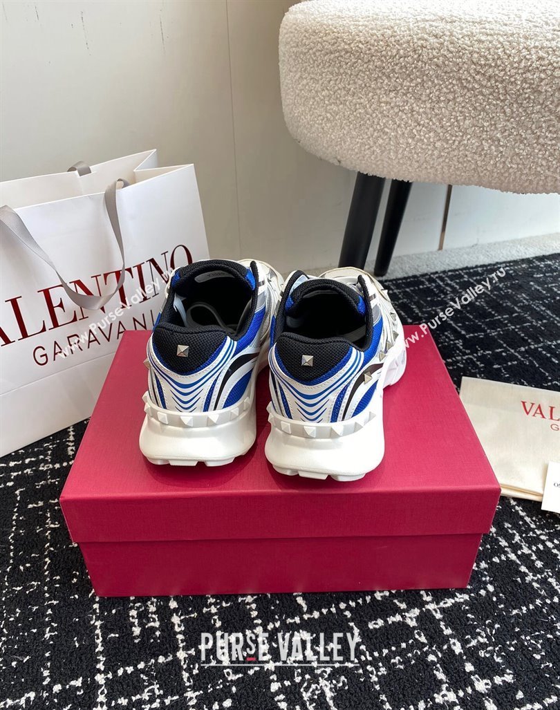 Valentino Mens Rockstud True Act Sneakers in Knit Mesh White/Blue 2024 0812 (KL-240812127)