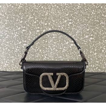 Valentino Locò Small Shoulder Bag in Snakeskin Embossed Leather with Strass Black VLTN5030 2024 (LN-240826029)