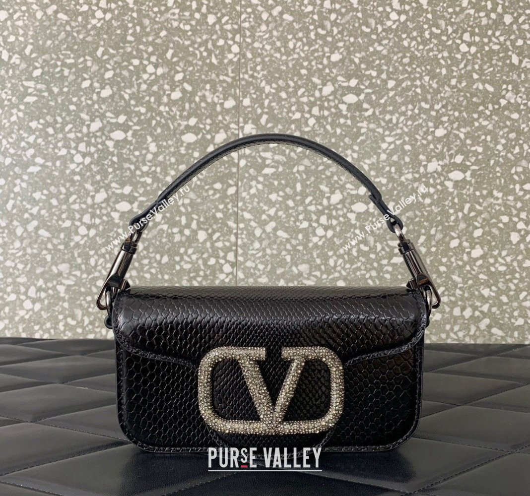 Valentino Locò Small Shoulder Bag in Snakeskin Embossed Leather with Strass Black VLTN5030 2024 (LN-240826029)