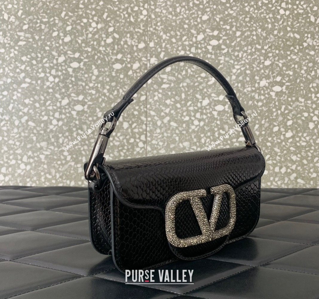 Valentino Locò Small Shoulder Bag in Snakeskin Embossed Leather with Strass Black VLTN5030 2024 (LN-240826029)