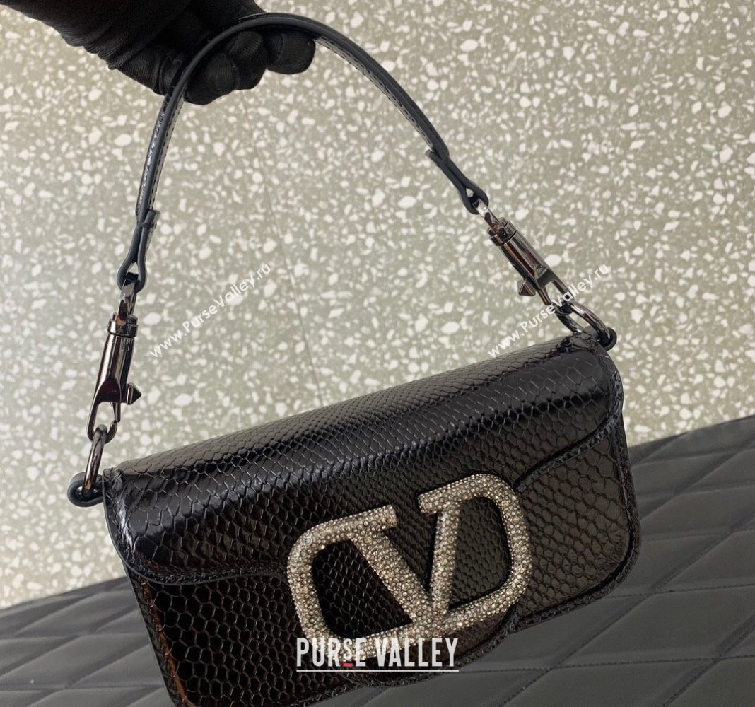 Valentino Locò Small Shoulder Bag in Snakeskin Embossed Leather with Strass Black VLTN5030 2024 (LN-240826029)