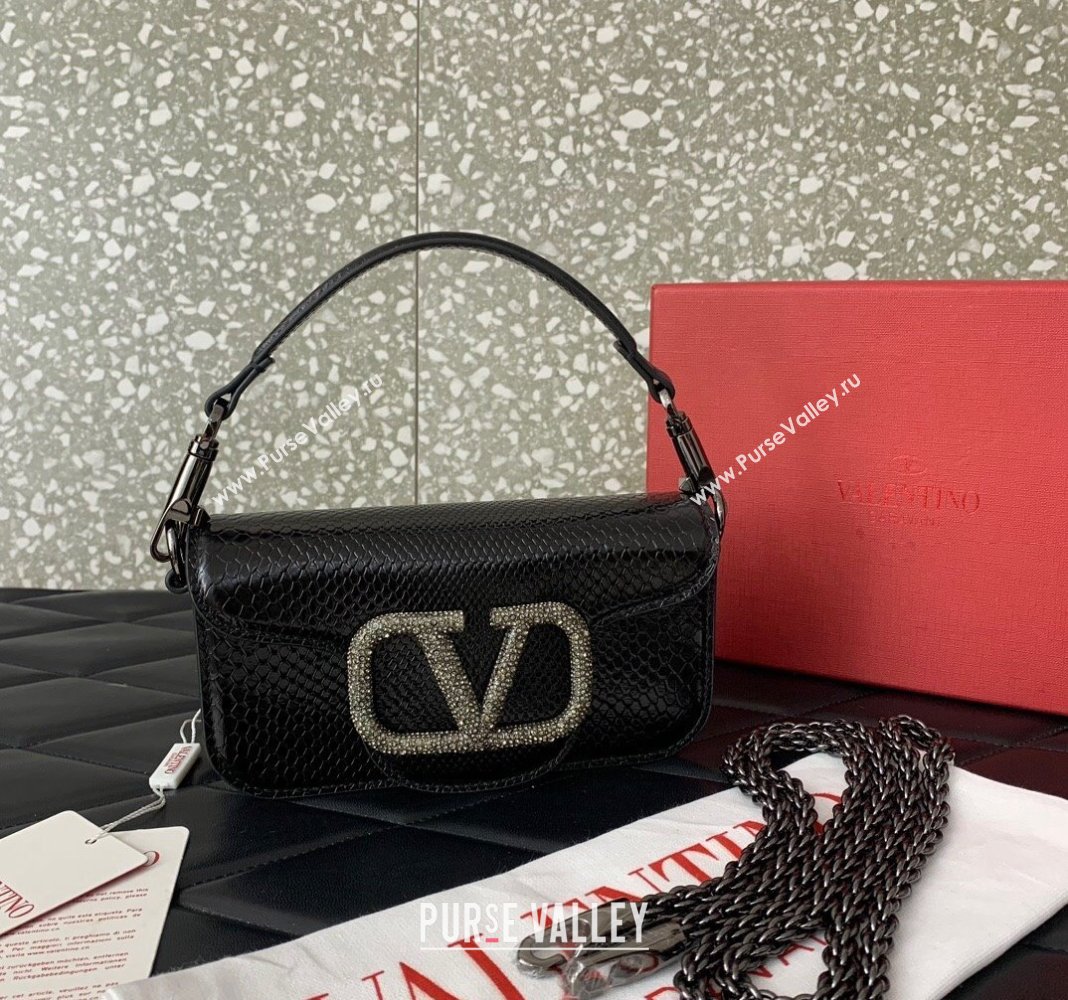 Valentino Locò Small Shoulder Bag in Snakeskin Embossed Leather with Strass Black VLTN5030 2024 (LN-240826029)