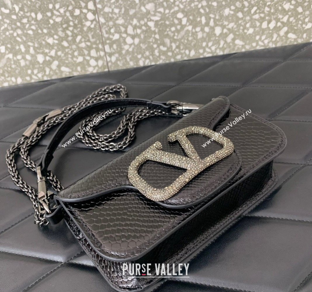 Valentino Locò Small Shoulder Bag in Snakeskin Embossed Leather with Strass Black VLTN5030 2024 (LN-240826029)