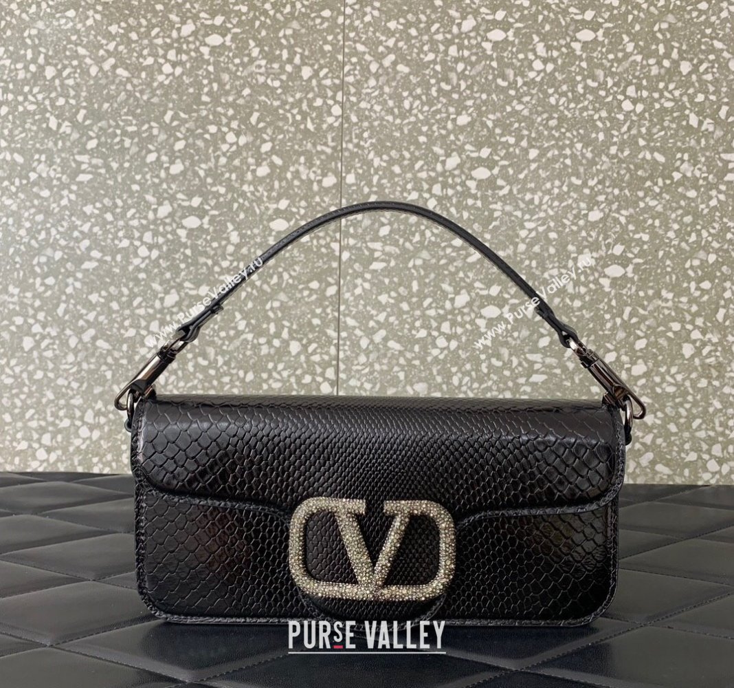 Valentino Locò Medium Shoulder Bag in Snakeskin Embossed Leather with Strass Black VLTN6030 2024 (LN-240826032)