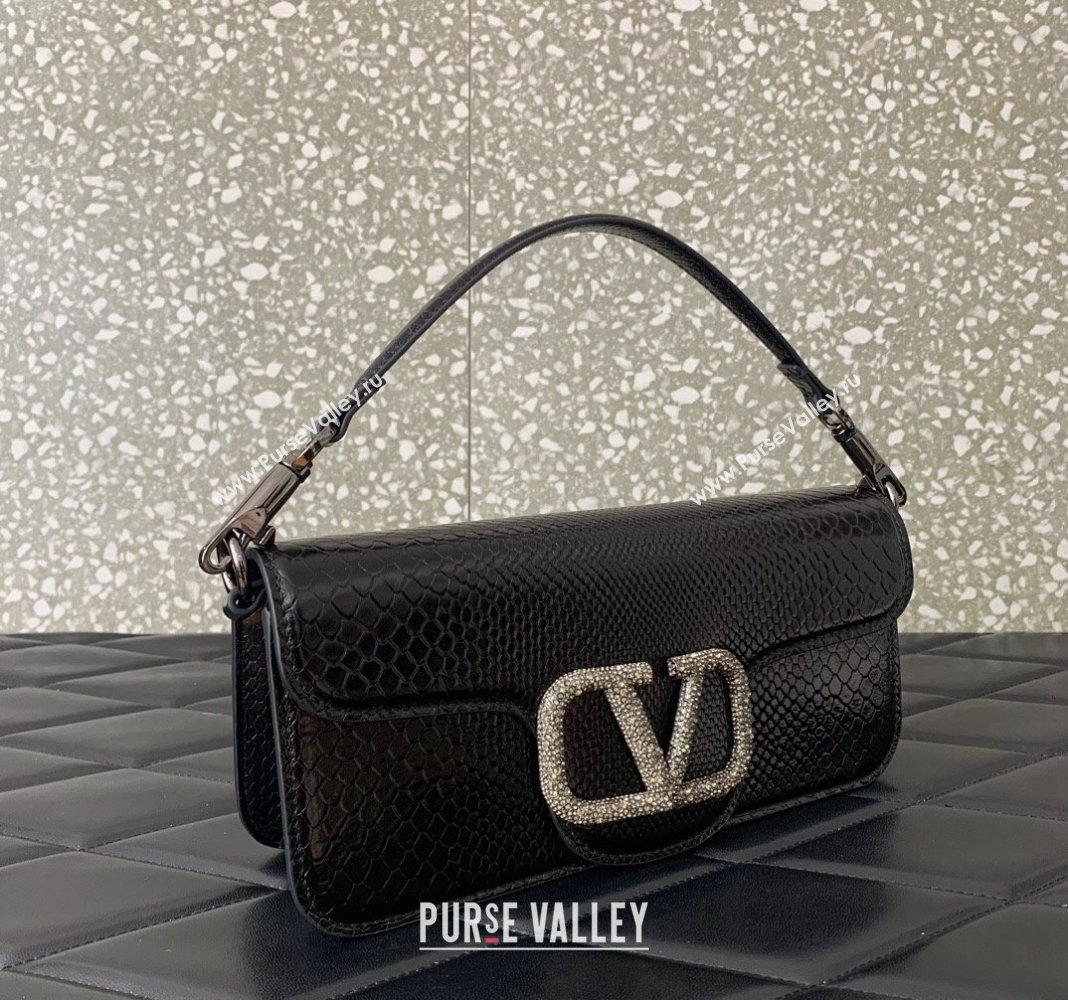 Valentino Locò Medium Shoulder Bag in Snakeskin Embossed Leather with Strass Black VLTN6030 2024 (LN-240826032)