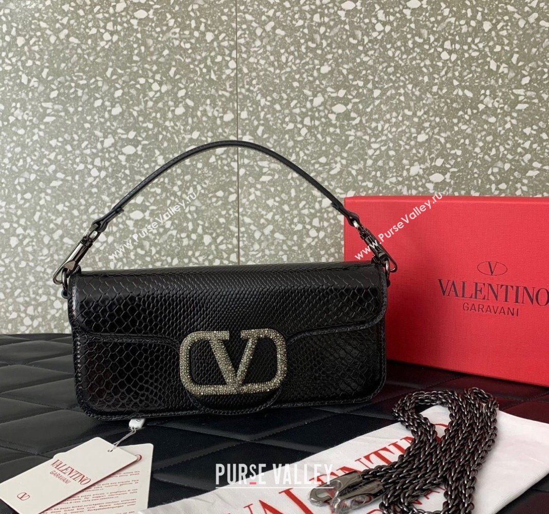 Valentino Locò Medium Shoulder Bag in Snakeskin Embossed Leather with Strass Black VLTN6030 2024 (LN-240826032)