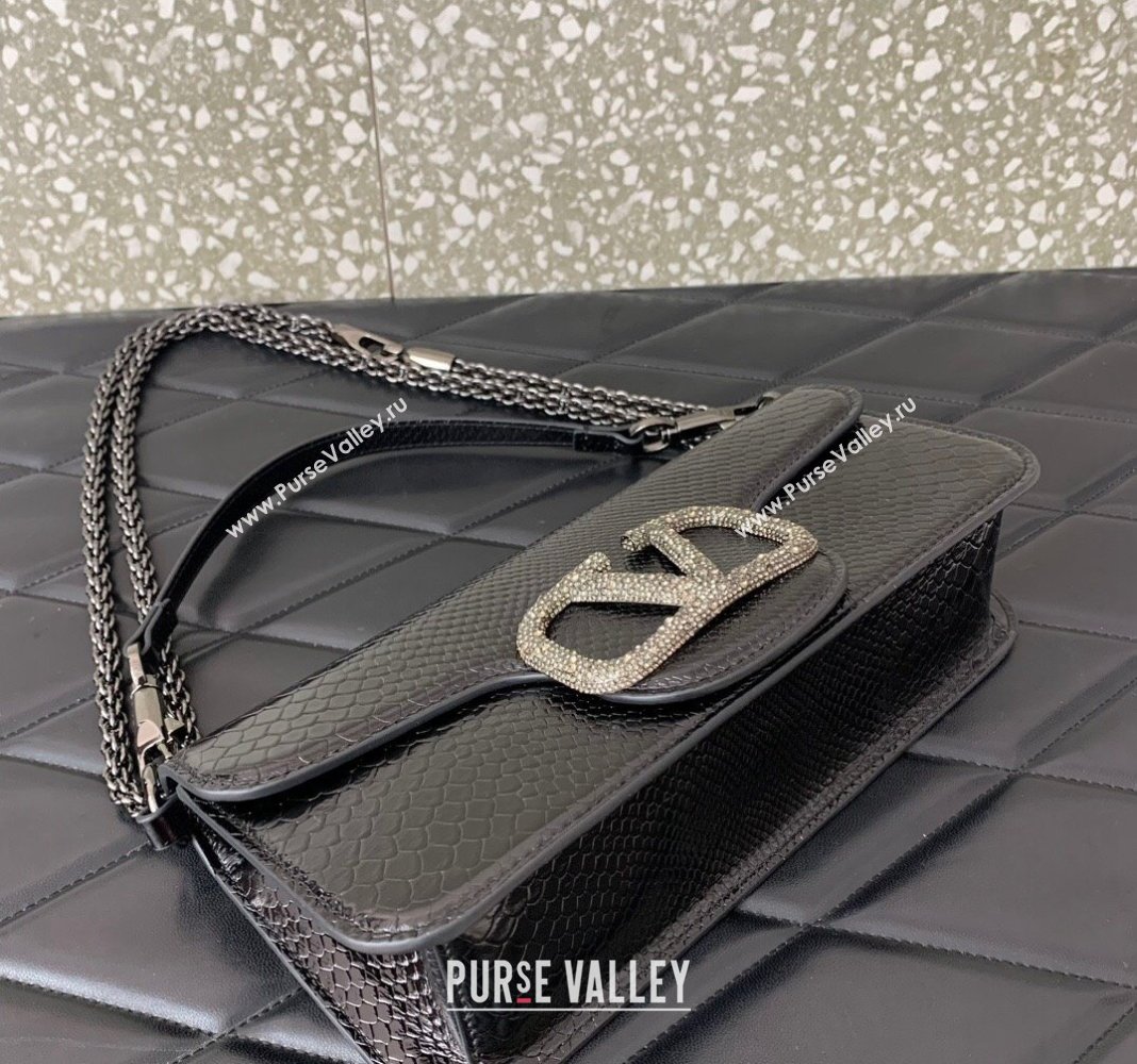 Valentino Locò Medium Shoulder Bag in Snakeskin Embossed Leather with Strass Black VLTN6030 2024 (LN-240826032)