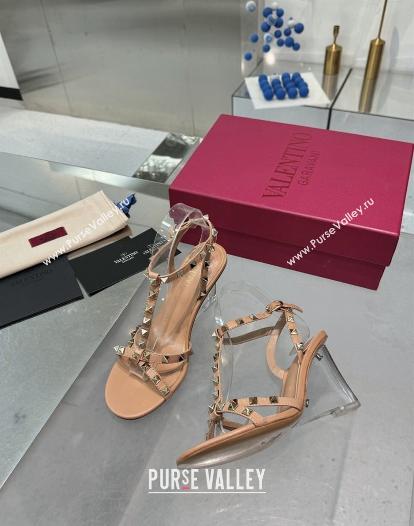 Valentino Rockstud Nappa Leather Wedge Sandals 8.5cm with Clear Heel Dark Beige 2024 VLS090301 (XL-240903073)