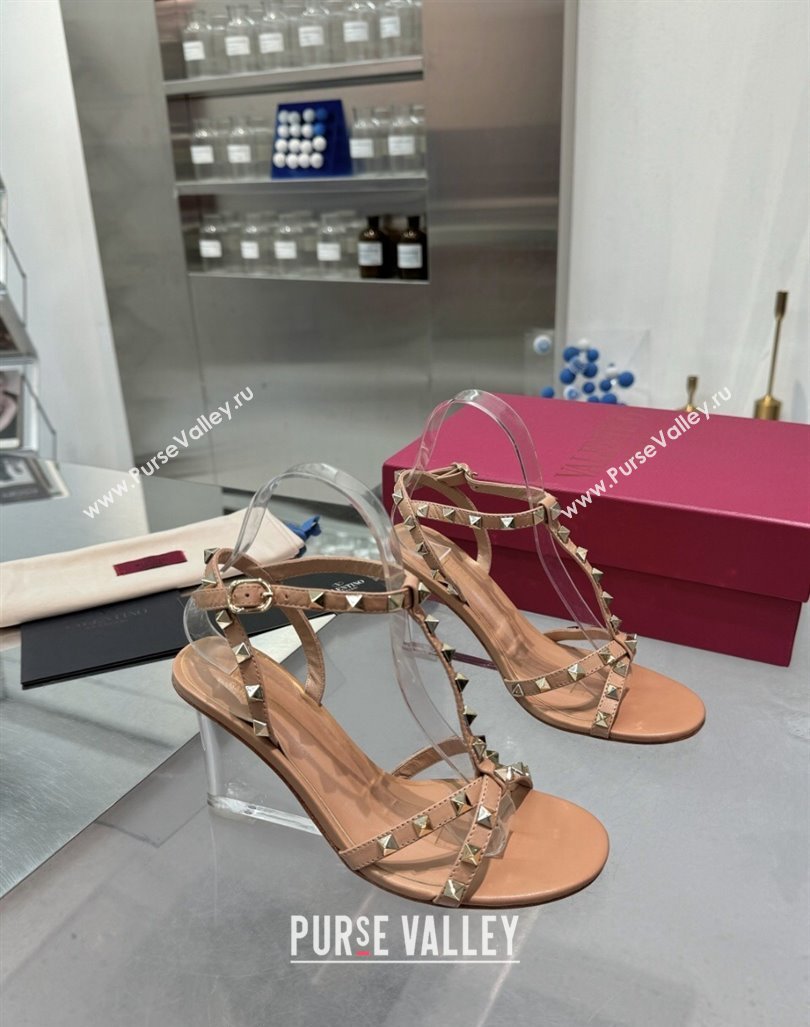 Valentino Rockstud Nappa Leather Wedge Sandals 8.5cm with Clear Heel Dark Beige 2024 VLS090301 (XL-240903073)