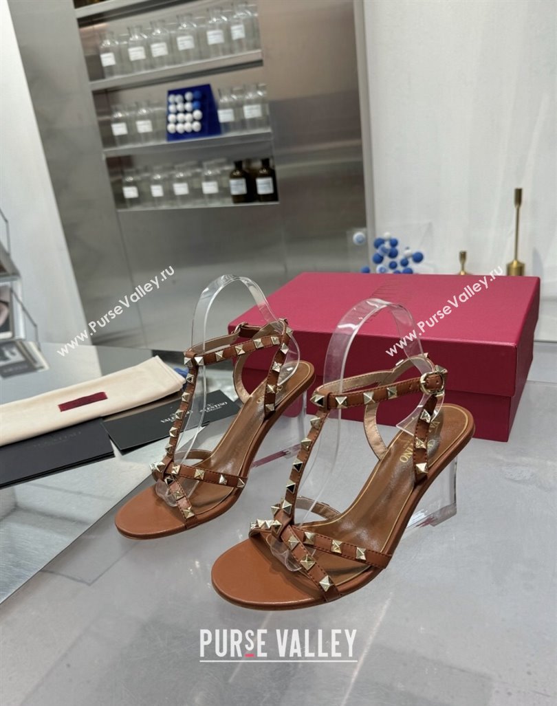 Valentino Rockstud Nappa Leather Wedge Sandals 8.5cm with Clear Heel Brown 2024 VLS090301 (XL-240903074)