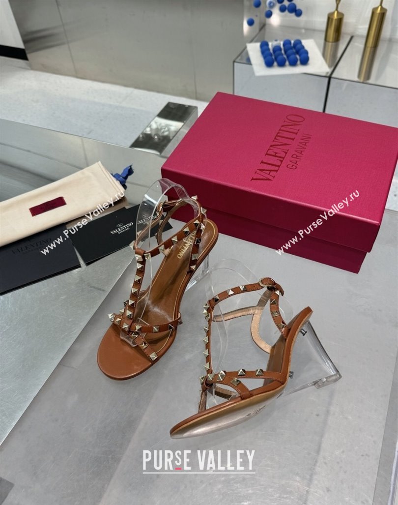 Valentino Rockstud Nappa Leather Wedge Sandals 8.5cm with Clear Heel Brown 2024 VLS090301 (XL-240903074)