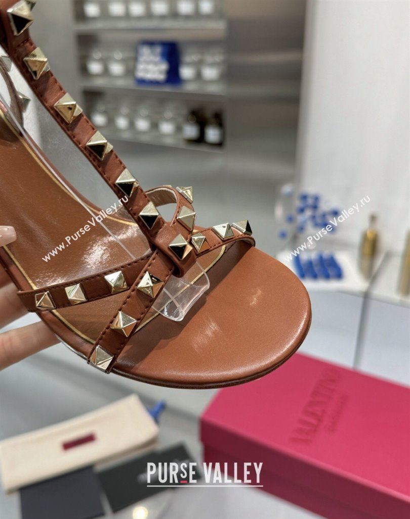 Valentino Rockstud Nappa Leather Wedge Sandals 8.5cm with Clear Heel Brown 2024 VLS090301 (XL-240903074)