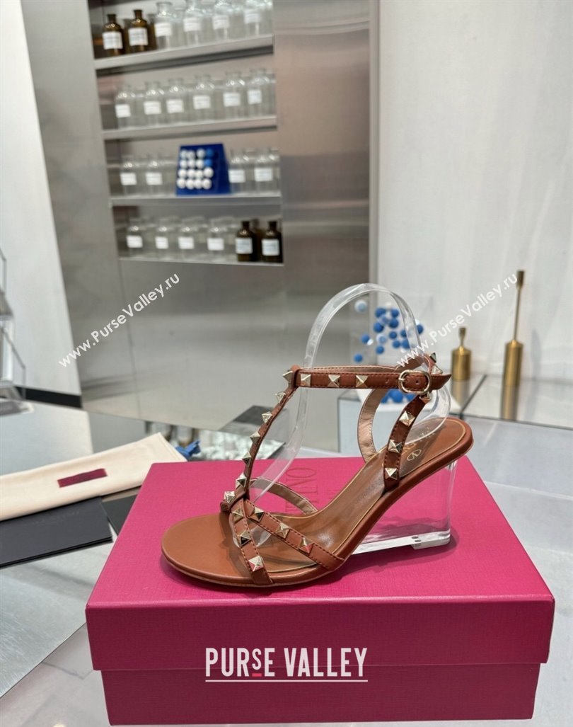 Valentino Rockstud Nappa Leather Wedge Sandals 8.5cm with Clear Heel Brown 2024 VLS090301 (XL-240903074)