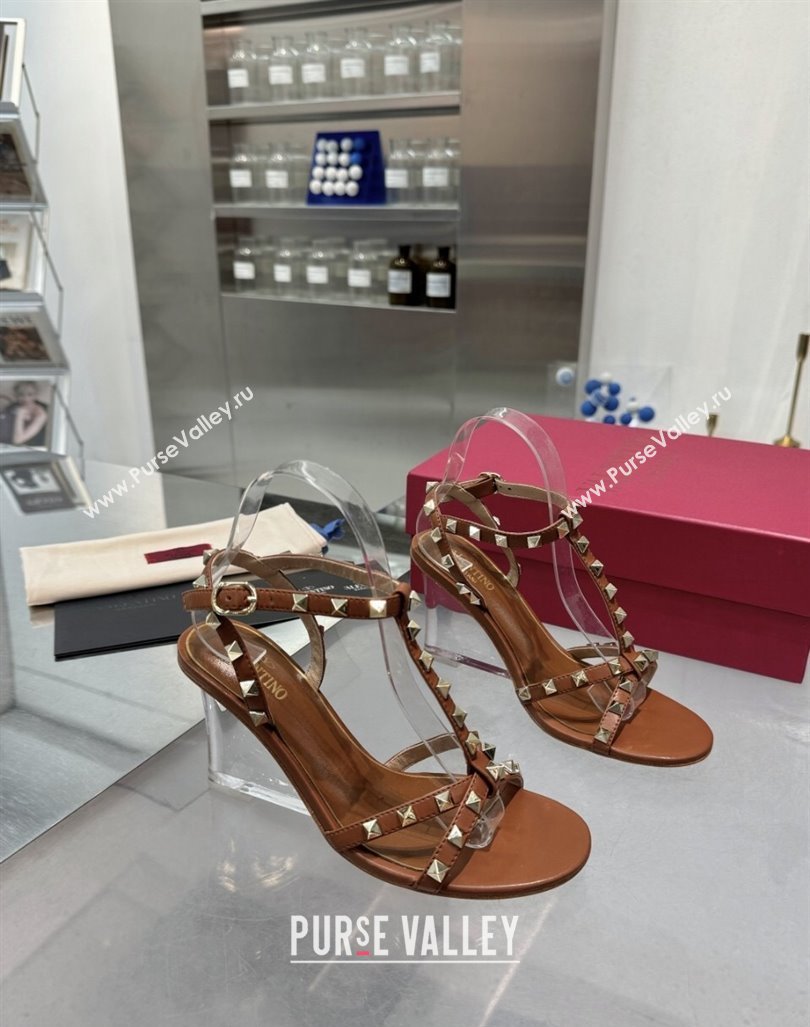 Valentino Rockstud Nappa Leather Wedge Sandals 8.5cm with Clear Heel Brown 2024 VLS090301 (XL-240903074)