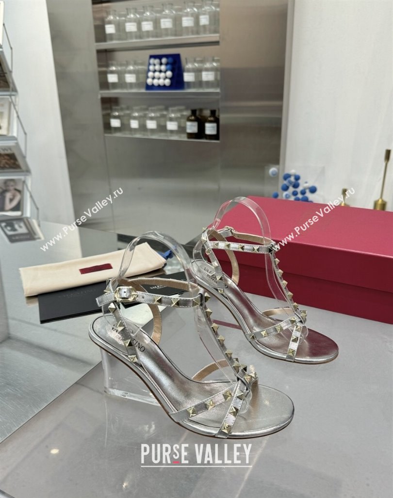 Valentino Rockstud Nappa Leather Wedge Sandals 8.5cm with Clear Heel Silver 2024 VLS090301 (XL-240903075)