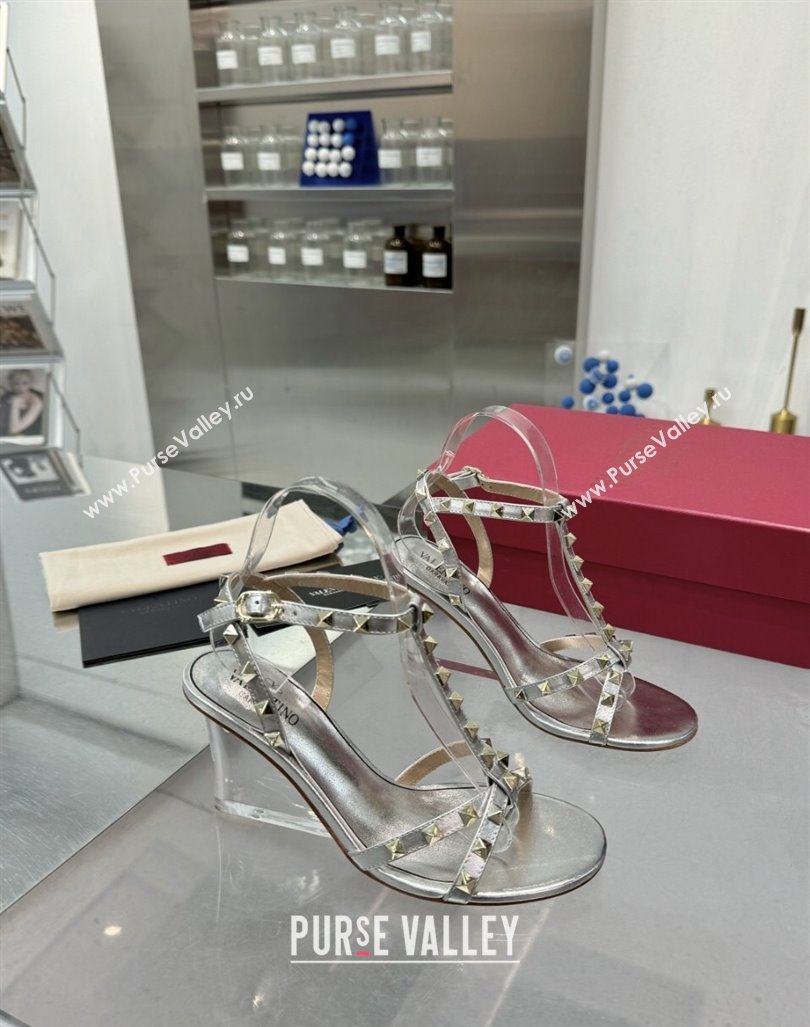 Valentino Rockstud Nappa Leather Wedge Sandals 8.5cm with Clear Heel Silver 2024 VLS090301 (XL-240903075)