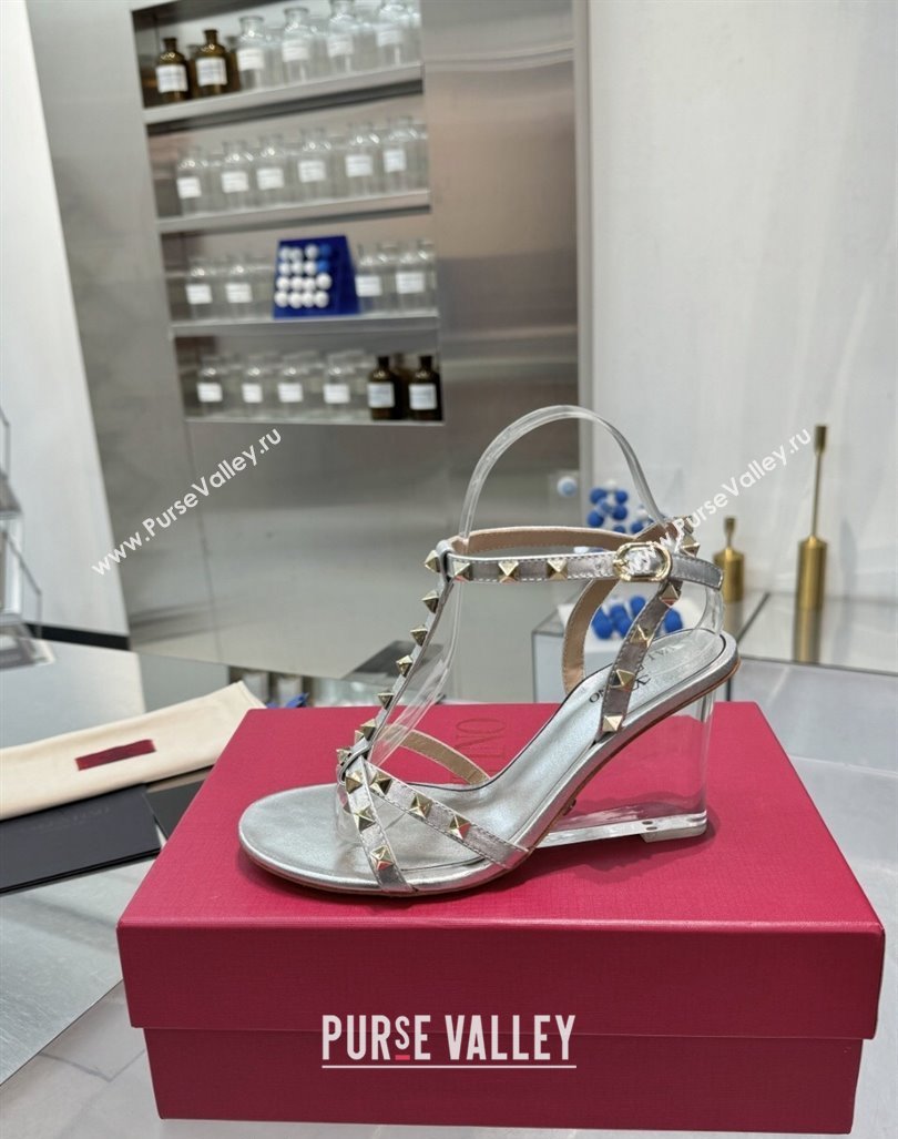 Valentino Rockstud Nappa Leather Wedge Sandals 8.5cm with Clear Heel Silver 2024 VLS090301 (XL-240903075)