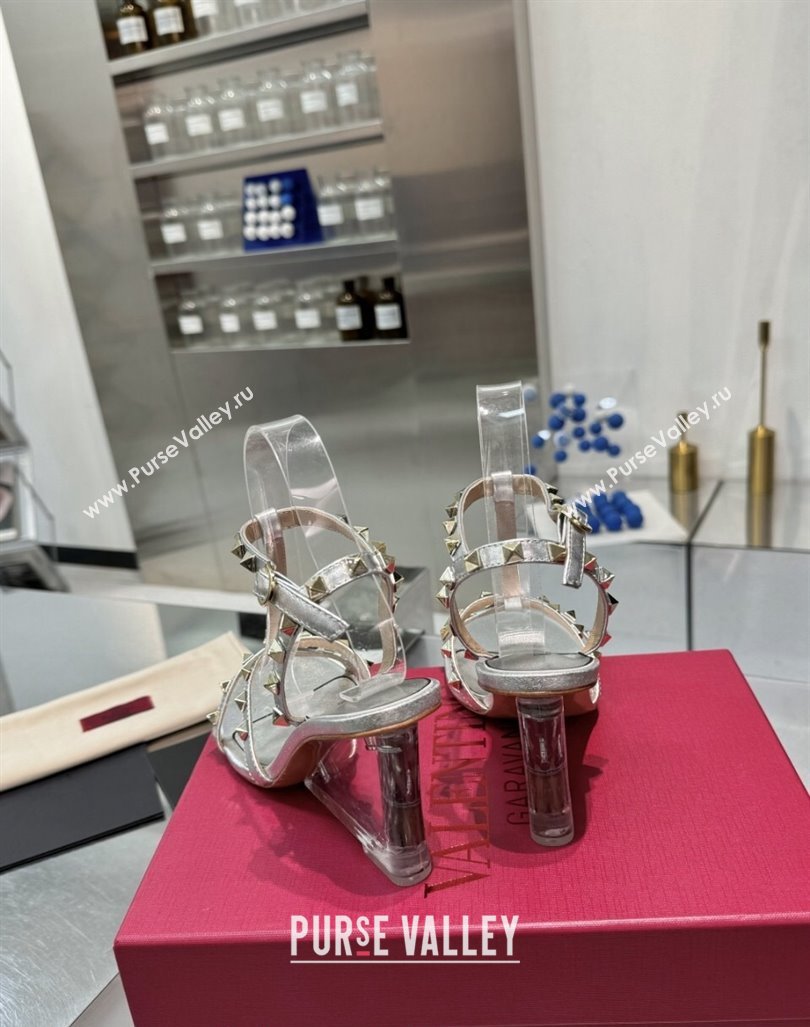 Valentino Rockstud Nappa Leather Wedge Sandals 8.5cm with Clear Heel Silver 2024 VLS090301 (XL-240903075)